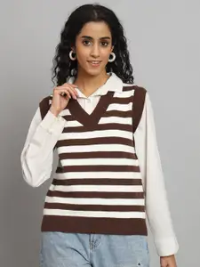 Chemistry Women Coffee Brown Striped Woollen Sweater Vest