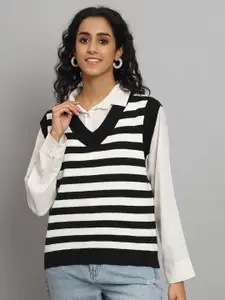 Chemistry Women Black Striped Woollen Sweater Vest