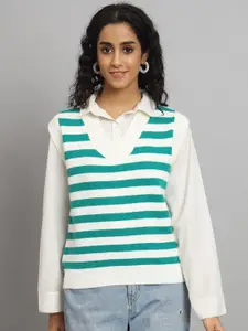 Chemistry Women Green Striped Woollen Sweater Vest
