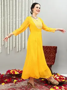 Sangria Striped Keyhole Neck Embroidered Fit & Flare Ethnic Dress