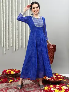 Sangria Striped Keyhole Neck Embroidered Fit & Flare Ethnic Dress