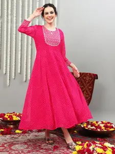 Sangria Striped Keyhole Neck Embroidered Fit & Flare Ethnic Dress