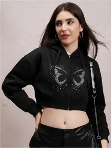Tokyo Talkies Black Embellished Hooded Relaxed Fit Pullover Crop Sweatshirt