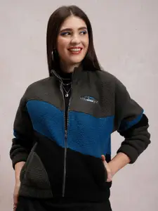 Tokyo Talkies Grey Colourblocked Mock Collar Front-Open Sweatshirt