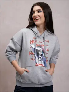 Tokyo Talkies Women Grey Printed Hooded Sweatshirt