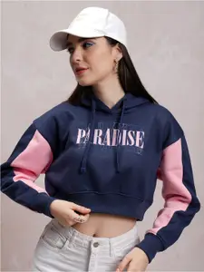 Tokyo Talkies Navy Blue Typography Printed Hooded Pullover