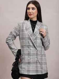 CHIC BY TOKYO TALKIES Checked Notched Lapel Longline Double Breasted Blazers