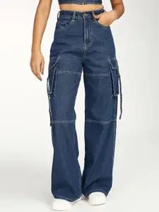TARAMA Women Wide Leg High-Rise Clean Look Cotton Cargo Jeans