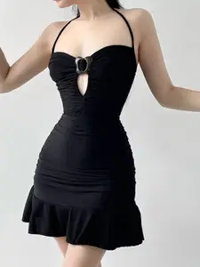 StyleCast Black Halter Neck Ruched Cut-Out A-Line Mini Dress