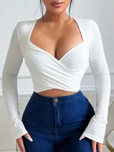 StyleCast White Sweetheart Neck Long Sleeve Wrap Crop Top