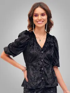 SASSAFRAS Black Abstract Printed Puffed Sleeves Velvet Front Button Top