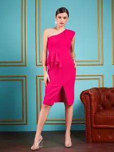 SASSAFRAS Pink One Shoulder Ruffles Detailed Sheath Dress