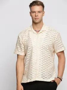 SHOWOFF Comfort Self Design Cuban Collar Short Sleeves Cotton Casual Shirt