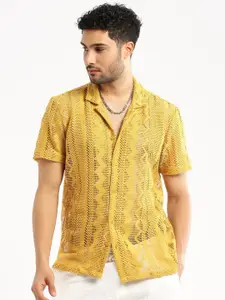 SHOWOFF Comfort Slim Fit Cuban Collar Sheer Crochet Casual Shirt