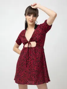 Dee Monash Animal Printed Cut-Out Detail Georgette Fit & Flare Dress