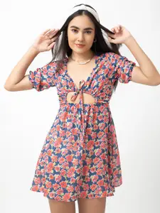 Dee Monash Floral Printed Cut-Out Detail Georgette Fit & Flare Dress