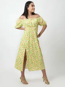 Dee Monash Floral Printed Off-Shoulder Puff Sleeves Smocked A-Line Dress
