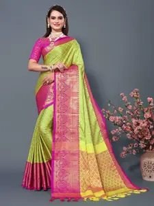 DWINI Lime Green & Pink Woven Design Zari Silk Cotton Dharmavaram Saree