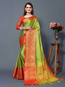 DWINI Lime Green & Red Woven Design Zari Silk Cotton Dharmavaram Saree