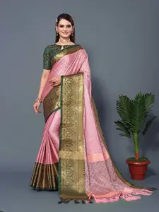 DWINI Pink & Green Woven Design Zari Silk Cotton Dharmavaram Saree