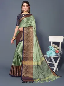 DWINI Sea Green & Blue Woven Design Zari Silk Cotton Dharmavaram Saree