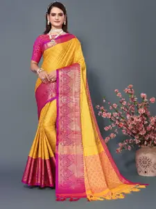 DWINI Yellow & Pink Woven Design Zari Silk Cotton Dharmavaram Saree