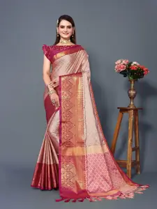 DWINI Peach-Coloured & Red Woven Design Zari Silk Cotton Dharmavaram Saree