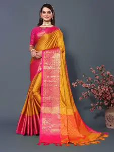 DWINI Mustard & Pink Woven Design Zari Silk Cotton Dharmavaram Saree