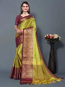 DWINI Olive Green & Brown Woven Design Zari Silk Cotton Dharmavaram Saree