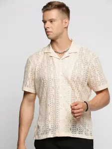SHOWOFF Comfort Geometric Self Design Cuban Collar Sheer Cotton Casual Shirt