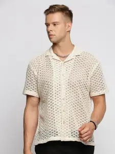 SHOWOFF Comfort Geometric Self Design Cuban Collar Sheer Cotton Casual Shirt