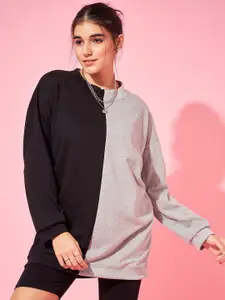 Athena Black Colourblocked Round Neck Cotton Sweatshirt