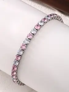Jewels Galaxy Women Pink Brass Cubic Zirconia Handcrafted Silver-Plated Wraparound Bracelet