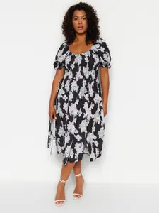 Trendyol Floral Printed Sweetheart Neck Puff Sleeve Smocked Fit & Flare Midi Dress