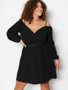 Trendyol Plus Size Puff Sleeve Fit & Flare Dress With Belt