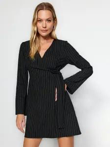 Trendyol Striped V-Neck Long Sleeves Tie-Ups A-Line Mini Dress