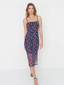 Trendyol Floral Printed Shoulder Straps Sheath Midi Dress