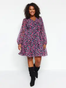 Trendyol Plus Size Floral Printed V-Neck Puff Sleeves A-Line Dress