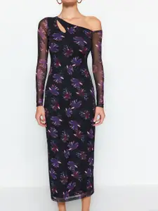 Trendyol Black Floral Printed Asymmetric Neck Sheath Midi Dress