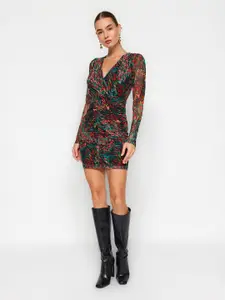 Trendyol Abstract Printed V-Neck Wrap Dress