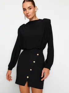 Trendyol Boat Neck Puff Sleeves Gathered Detailed Sheath Dress