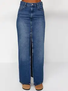 Trendyol Mavi Denim Pure Cotton Straight Maxi Skirt