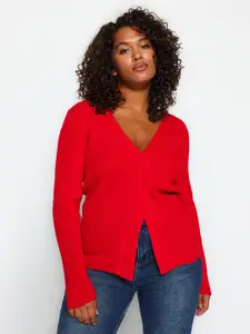Trendyol Ribbed Cherry Red V-Neck Pure Acrylic Pullover