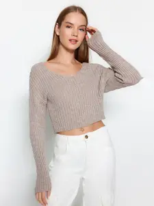 Trendyol Ribbed V-Neck Pure Acrylic Crop Pullover