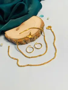 ABDESIGNS Set of 2 Gold-plated Artificial Stones and Beads-Studded Anklet & Toe rings