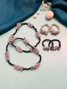 ABDESIGNS Set of 6 Silver Plated Bedded Anklet & Adjustable Toe Rings