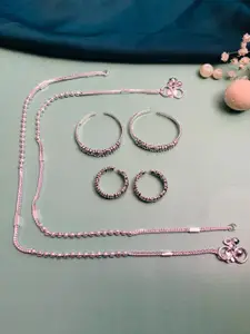 ABDESIGNS Set Of 6 Silver Plated Bedded Anklet & Adjustable Toe Rings