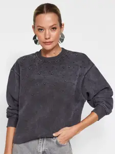Trendyol Round Neck Embellished Cotton Sweatshirt