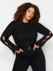 Trendyol Plus Size Knitted Button Detail Slit Sleeve Fitted Top