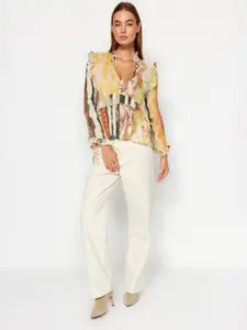 Trendyol Tie-Up Neck Ruffled Abstract Printed Top